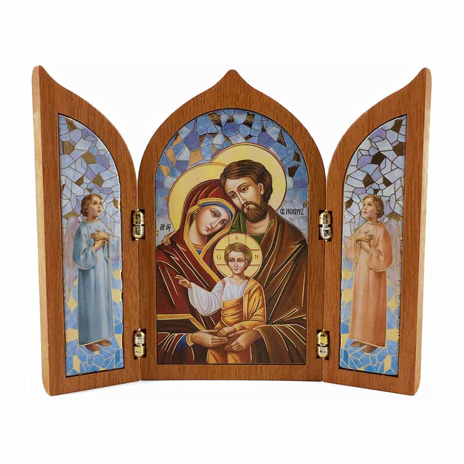 Wooden Triptych with Holy Family and Angels