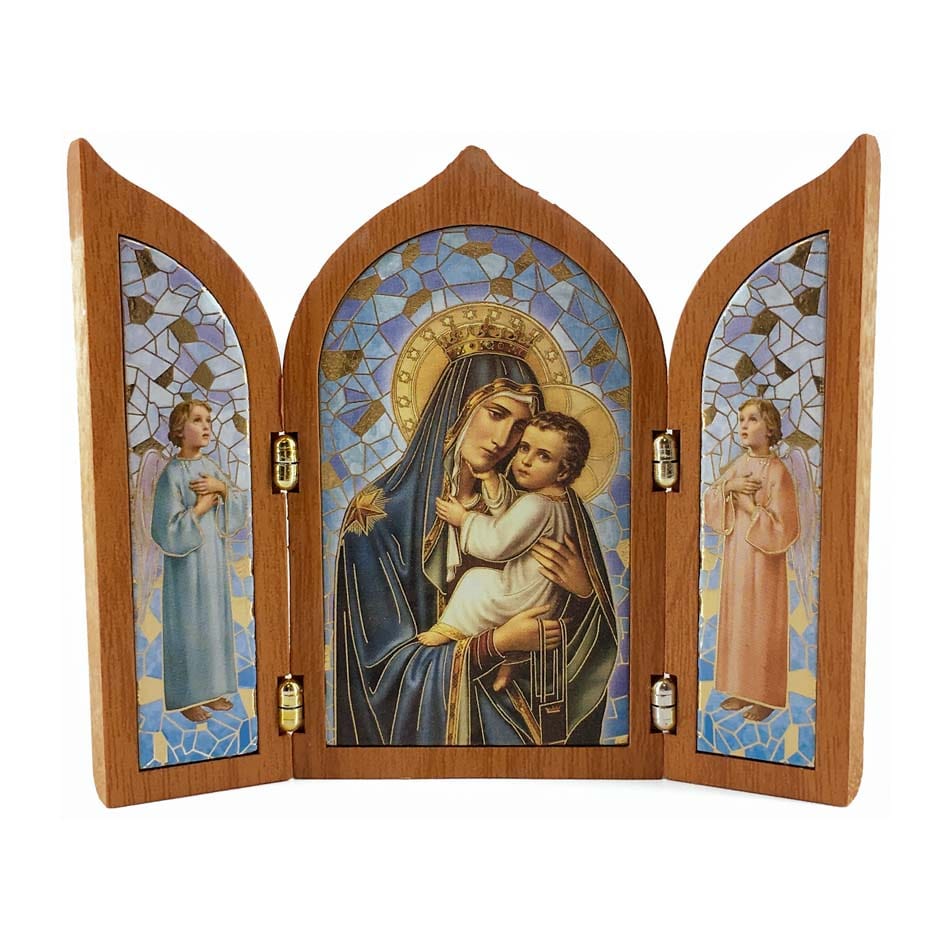 Wooden Triptych with Our Lady of Mount Carmel and Angels