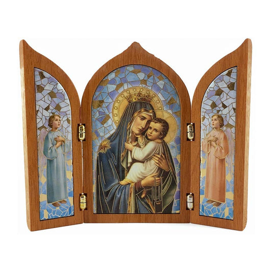 Wooden Triptych with Our Lady of Mount Carmel and Angels