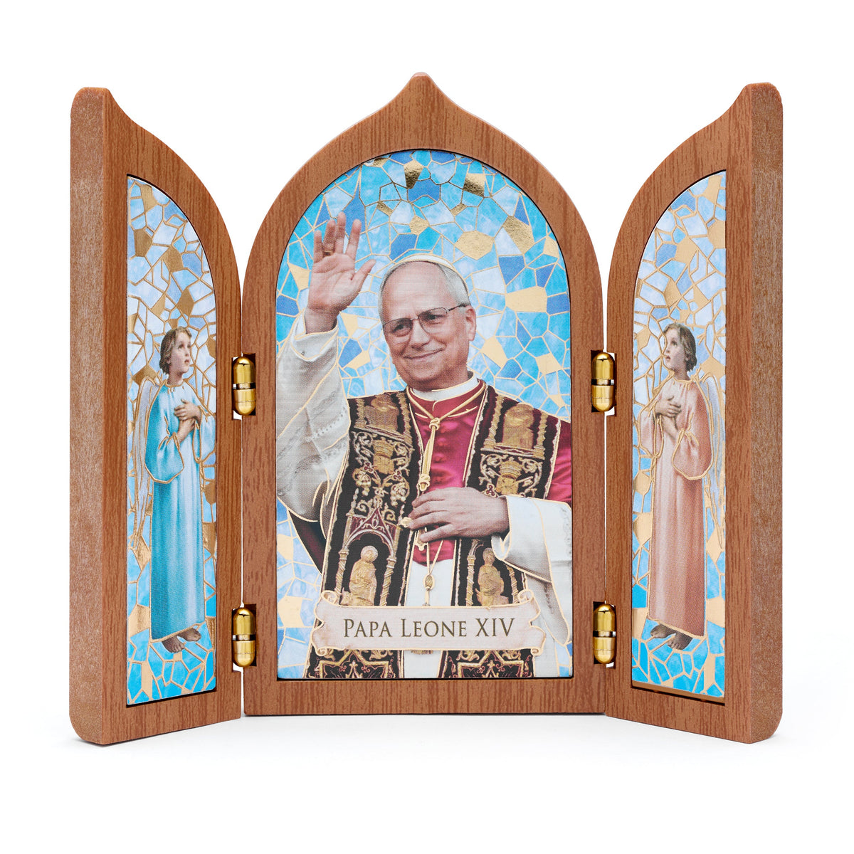 Wooden Triptych of Pope Leo XIV and Angels