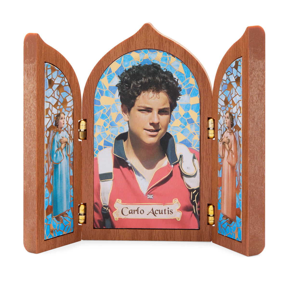 Wooden Triptych with Saint Carlo Acutis and Angels