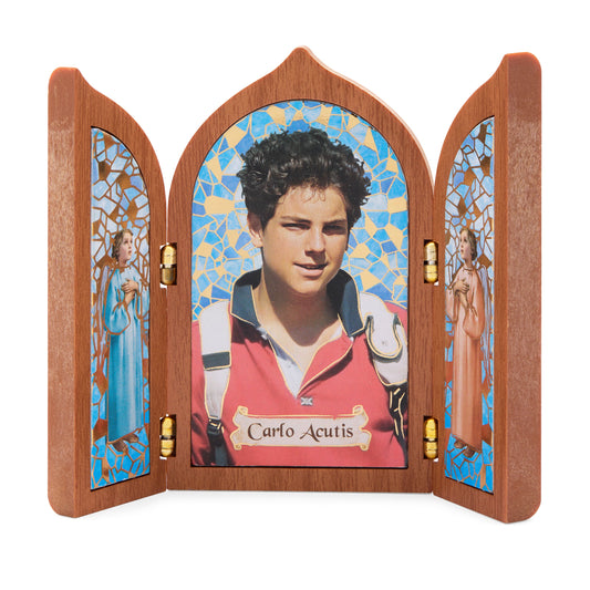 Wooden Triptych with Saint Carlo Acutis and Angels
