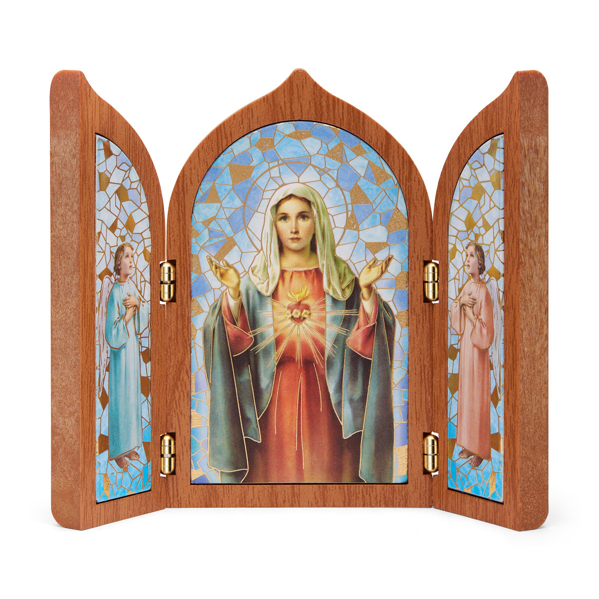 Wooden Triptych with the Immaculate Heart of Mary and Angels