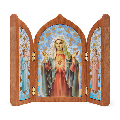 Wooden Triptych with the Immaculate Heart of Mary and Angels