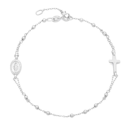 White Gold Adjustable Bracelet with Miraculous Medal and Cross