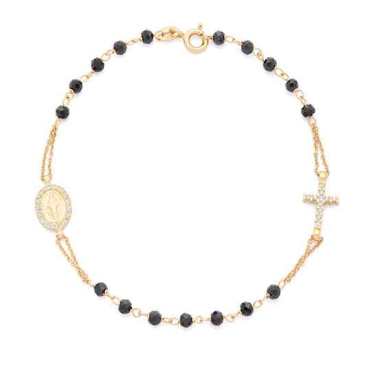 Yellow Gold and Black Beads Bracelet with Miraculous Medal and Cross with Cubic Zirconia