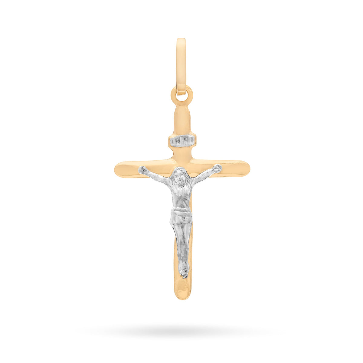 Yellow Gold Beveled Cross Pendant With White Gold Corpus