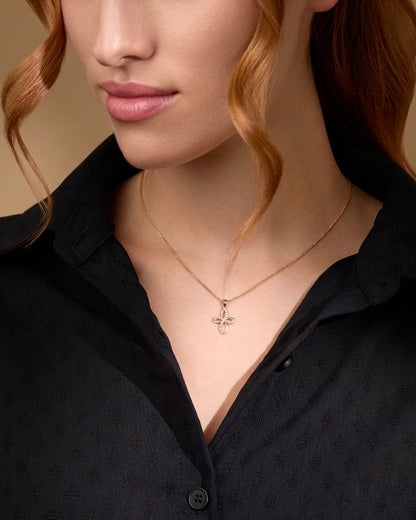 Yellow Gold Bow Cross Pendant With Cubic Zirconia
