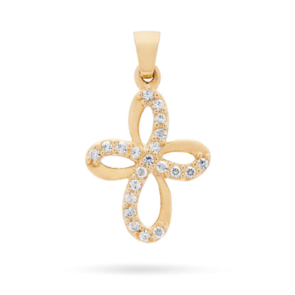 Yellow Gold Bow Cross Pendant With Cubic Zirconia