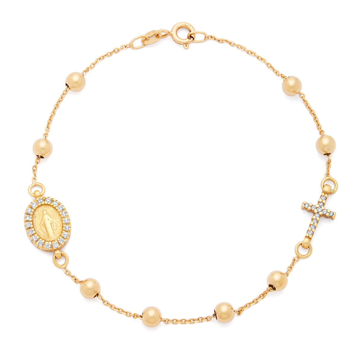Yellow Gold Bracelet with Miraculous Medal and Cross in Cubic Zirconia
