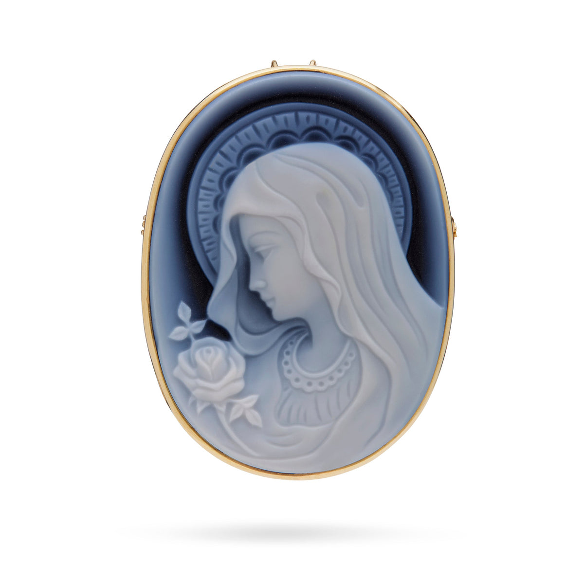 Yellow Gold Brooch and Pendant With Black Agate Cameo Portraying the Virgin Mary With a Rose
