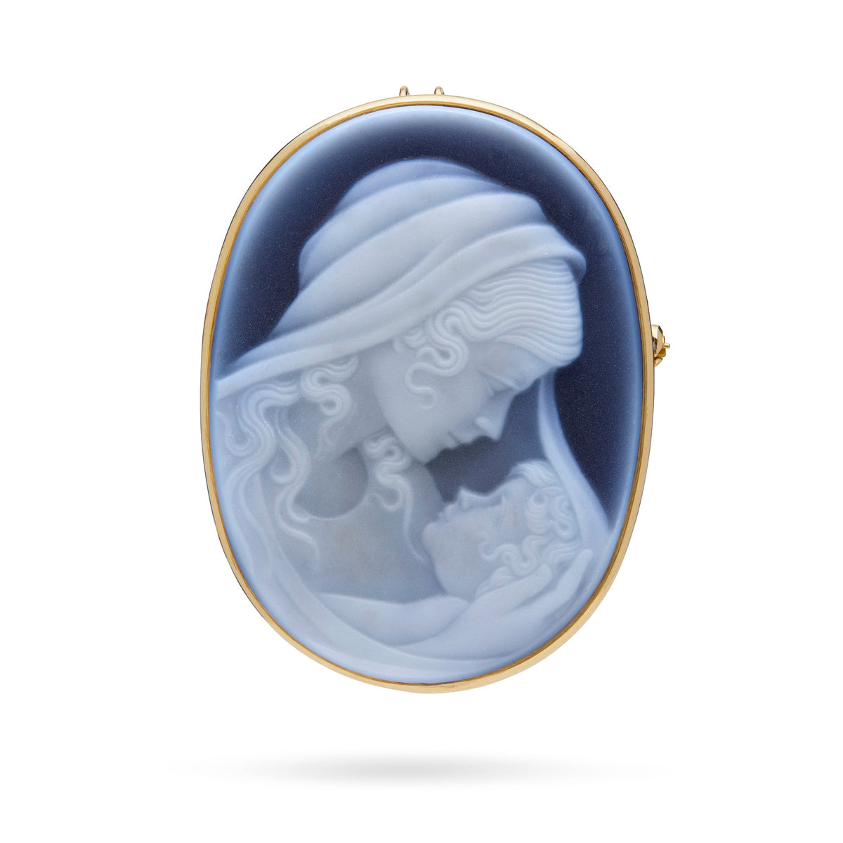 Yellow Gold Brooch and Pendant With Black Agate Cameo Portraying the Virgin Mary With Baby Jesus