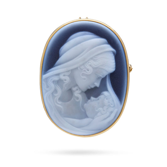 Yellow Gold Brooch and Pendant With Black Agate Cameo Portraying the Virgin Mary With Baby Jesus