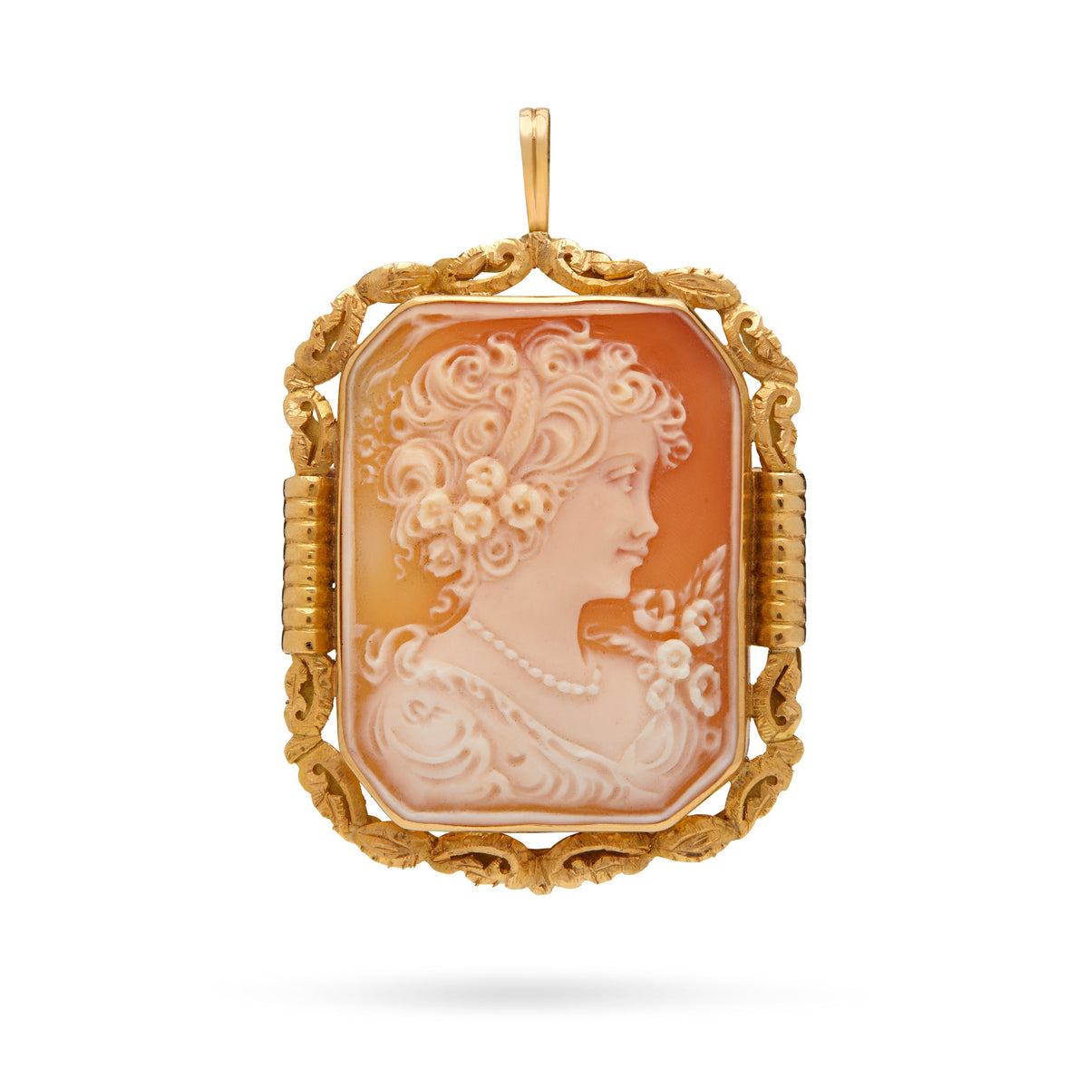 Yellow Gold Brooch and Pendant With Cameo Portraying a Woman and Worked Frame