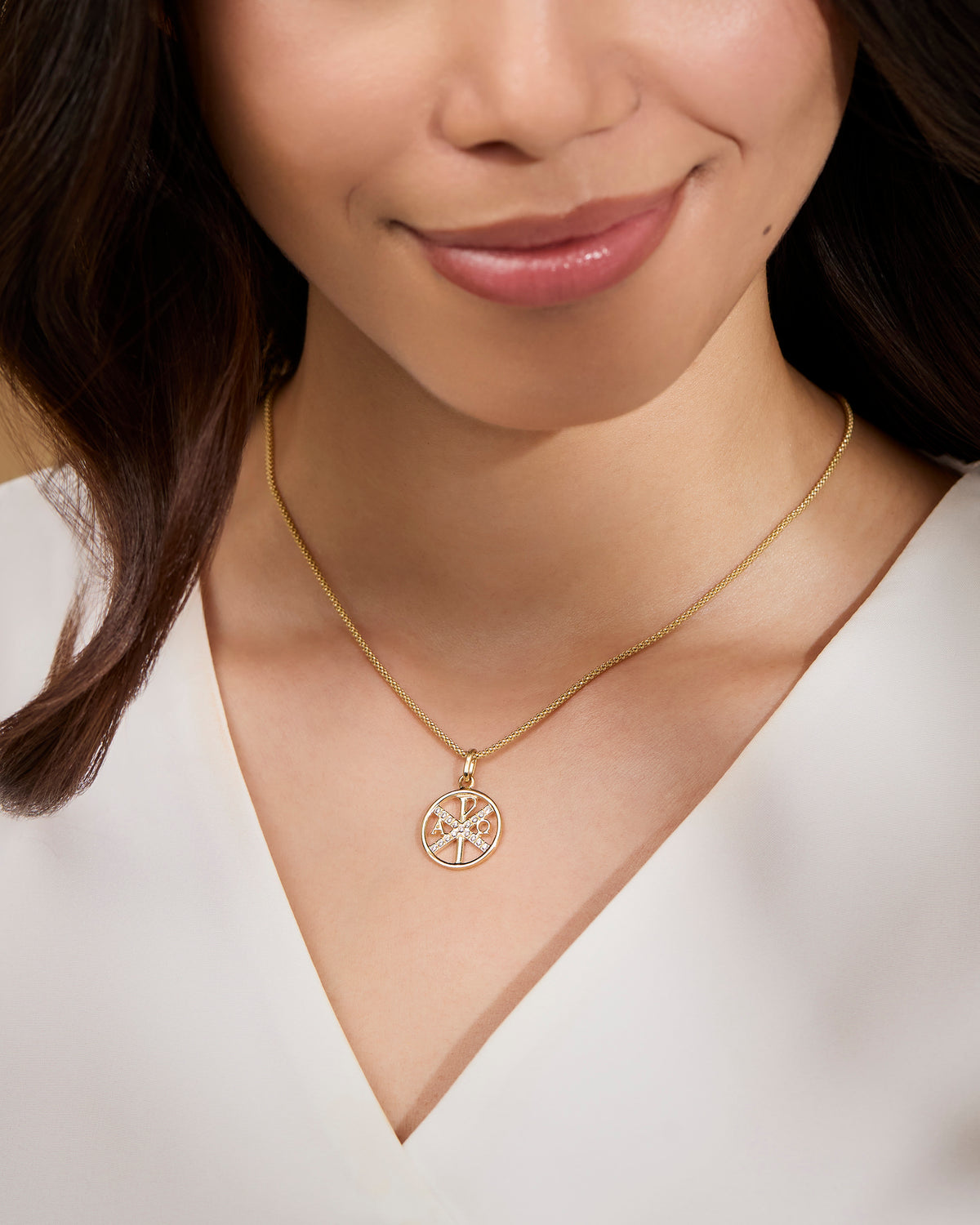 Yellow Gold Chi Rho Medal With Cubic Zirconia Details