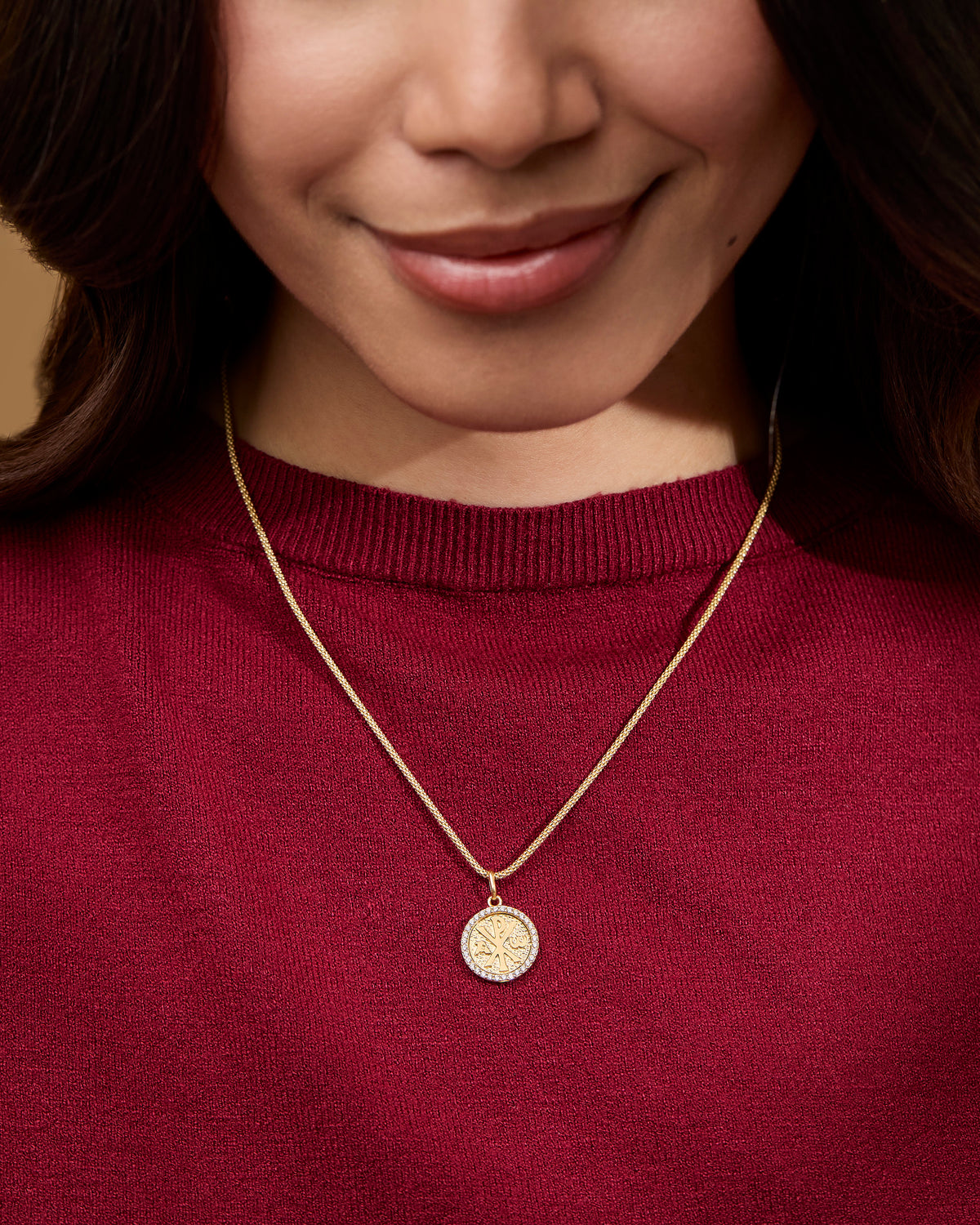 Yellow Gold Chi Rho Medal With Cubic Zirconia Frame and Mater Ecclesiae in the Back