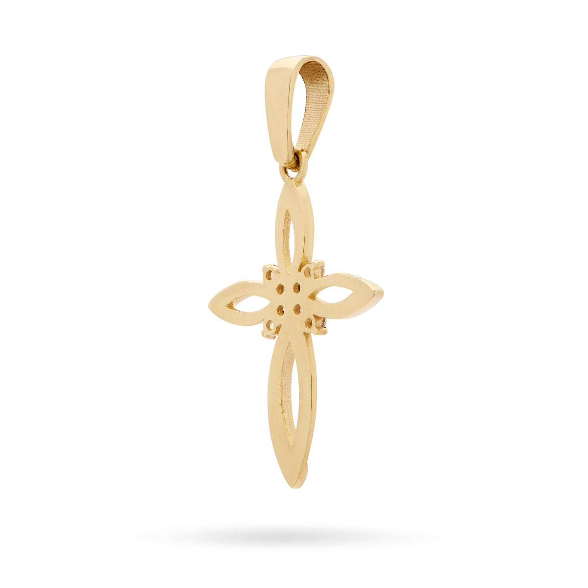 Yellow Gold Hollow Flower Cross Pendant With Cubic Zirconia in the Center