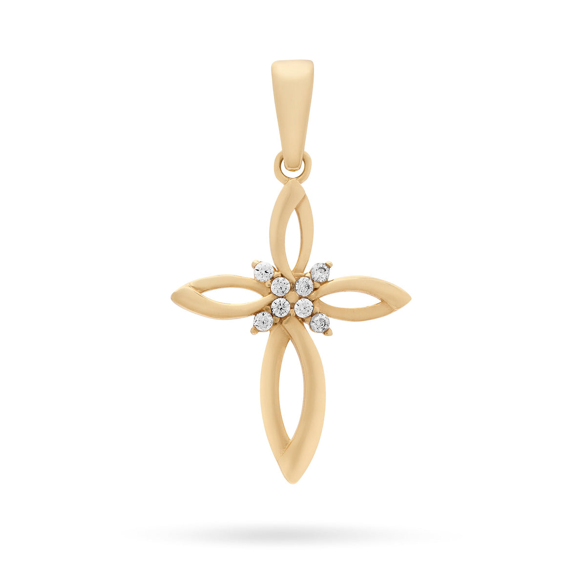 Yellow Gold Hollow Flower Cross Pendant With Cubic Zirconia in the Center