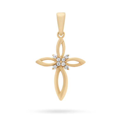 Yellow Gold Hollow Flower Cross Pendant With Cubic Zirconia in the Center