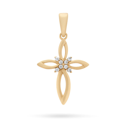 Yellow Gold Hollow Flower Cross Pendant With Cubic Zirconia in the Center