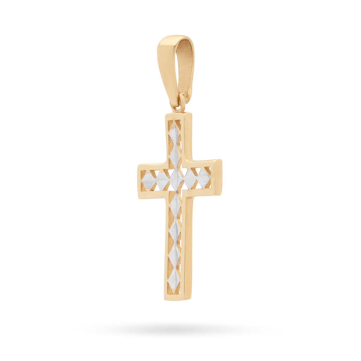 Yellow Gold Hollow Cross Pendant With Rhombus-shaped White Gold Details