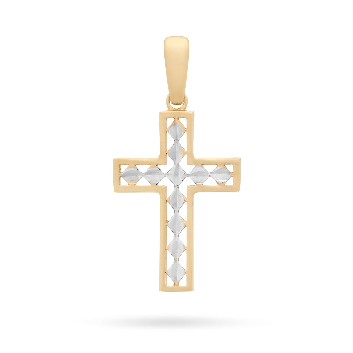 Yellow Gold Hollow Cross Pendant With Rhombus-shaped White Gold Details