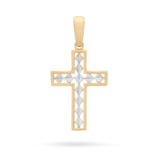 Yellow Gold Hollow Cross Pendant With Rhombus-shaped White Gold Details
