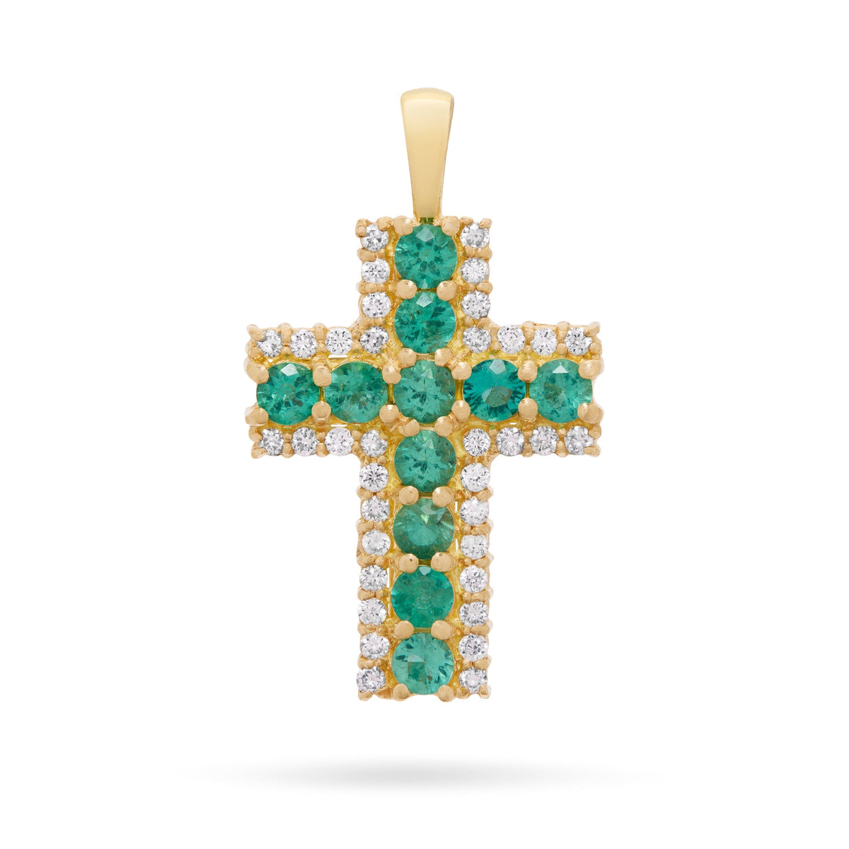 Yellow Gold Cross Pendant with Central Emeralds and Diamonds