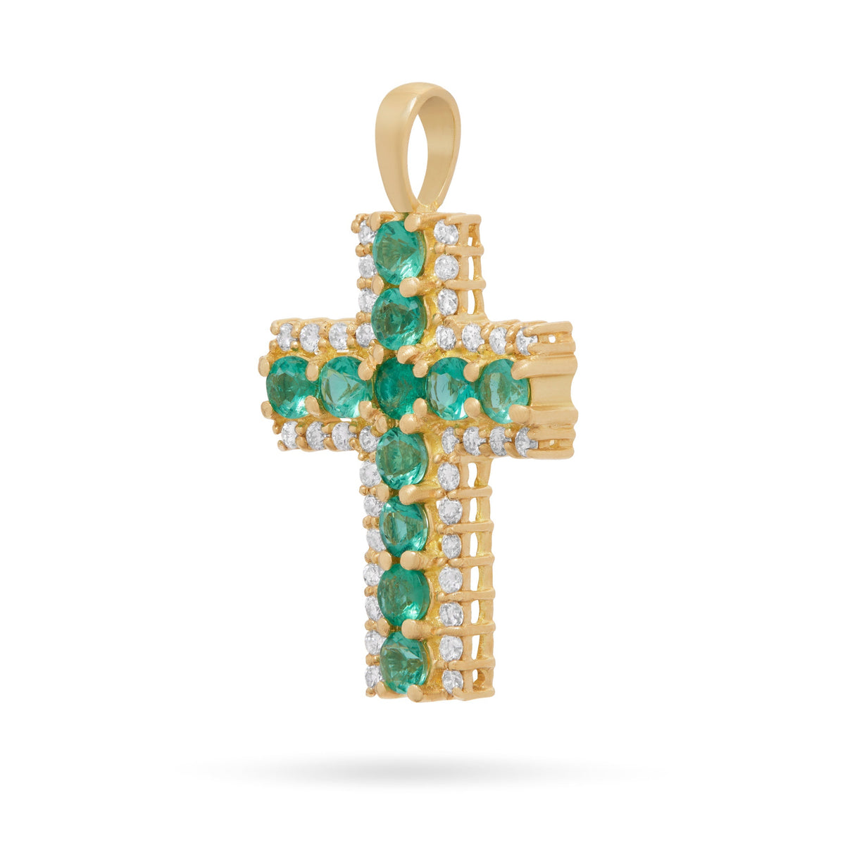 Yellow Gold Cross Pendant with Central Emeralds and Diamonds