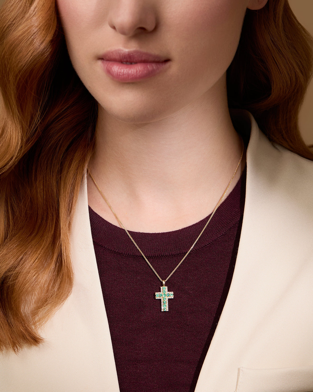 Yellow Gold Cross Pendant with Central Emeralds and Diamonds
