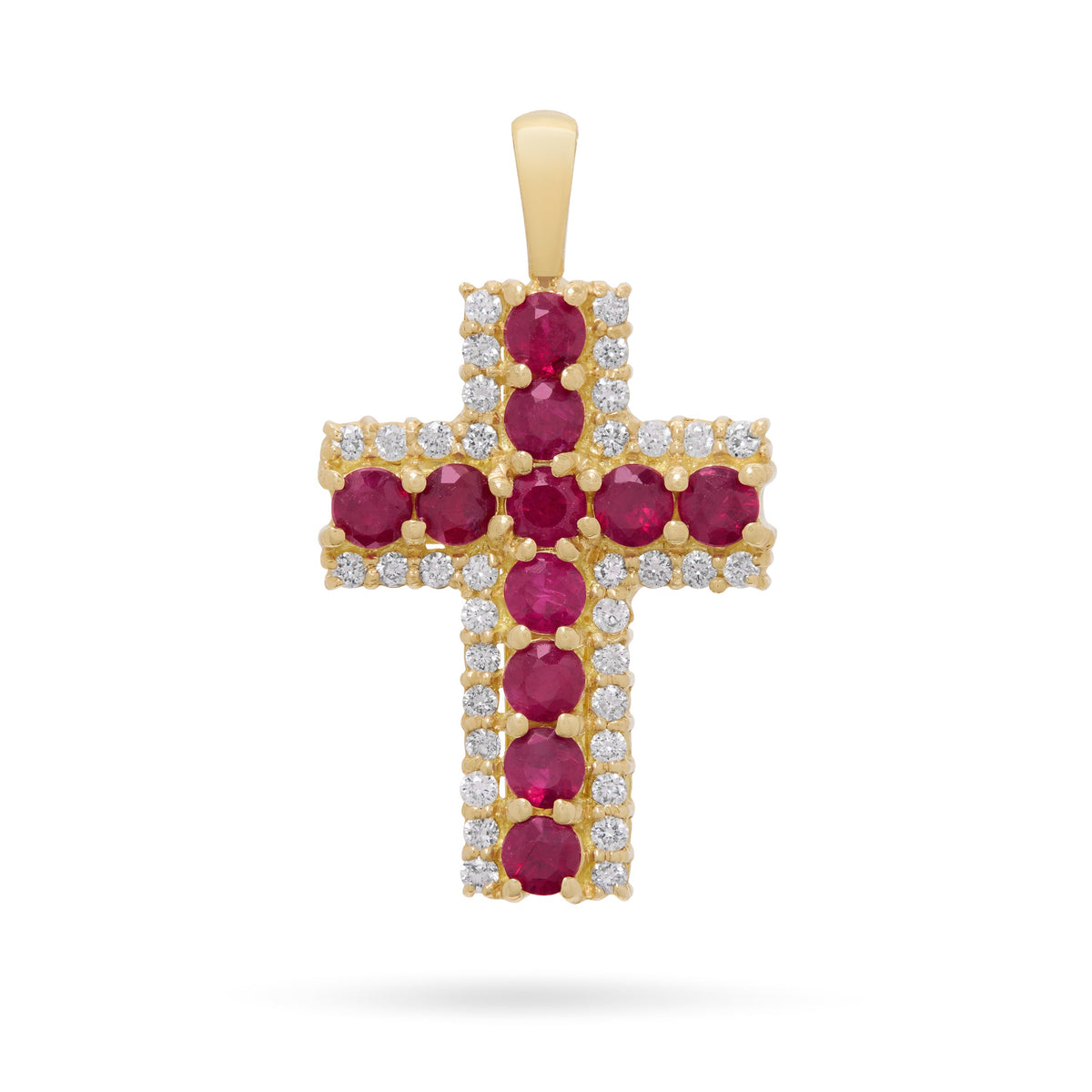 Yellow Gold Cross Pendant with Central Rubies and Diamonds