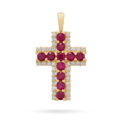 Yellow Gold Cross Pendant with Central Rubies and Diamonds