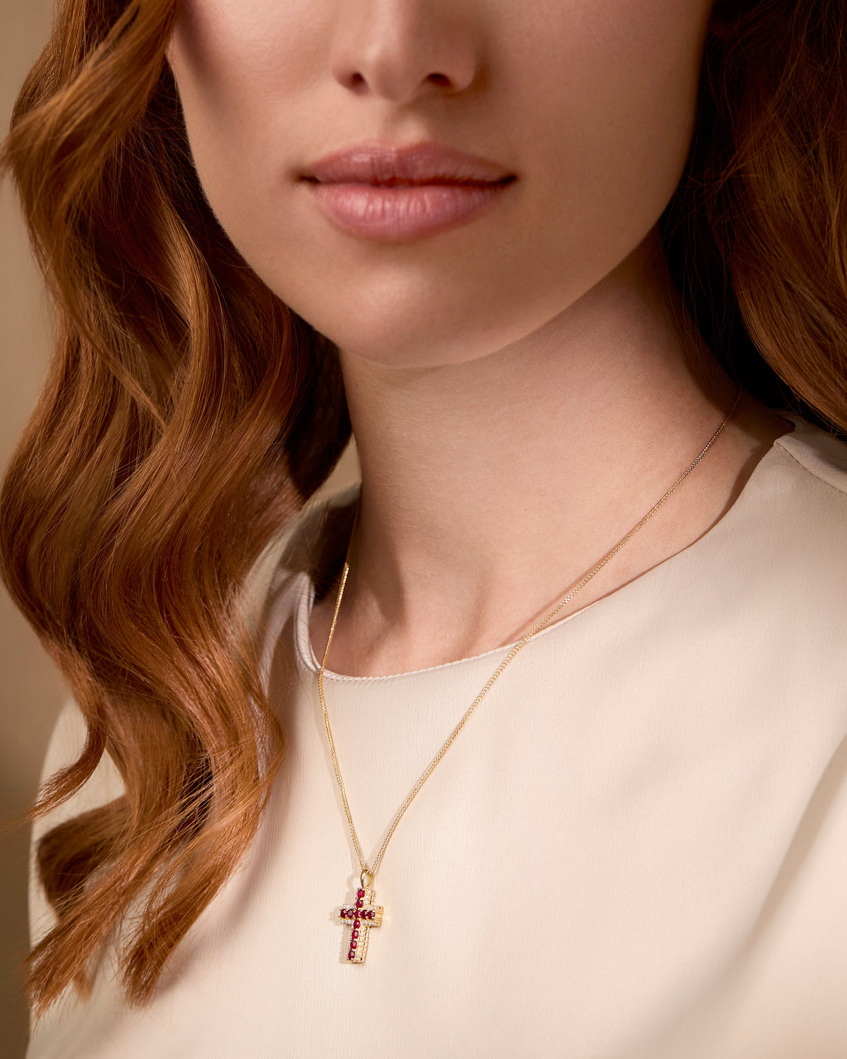 Yellow Gold Cross Pendant with Central Rubies and Diamonds