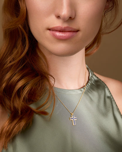 Yellow Gold Cross Pendant with Central Sapphires and Diamonds