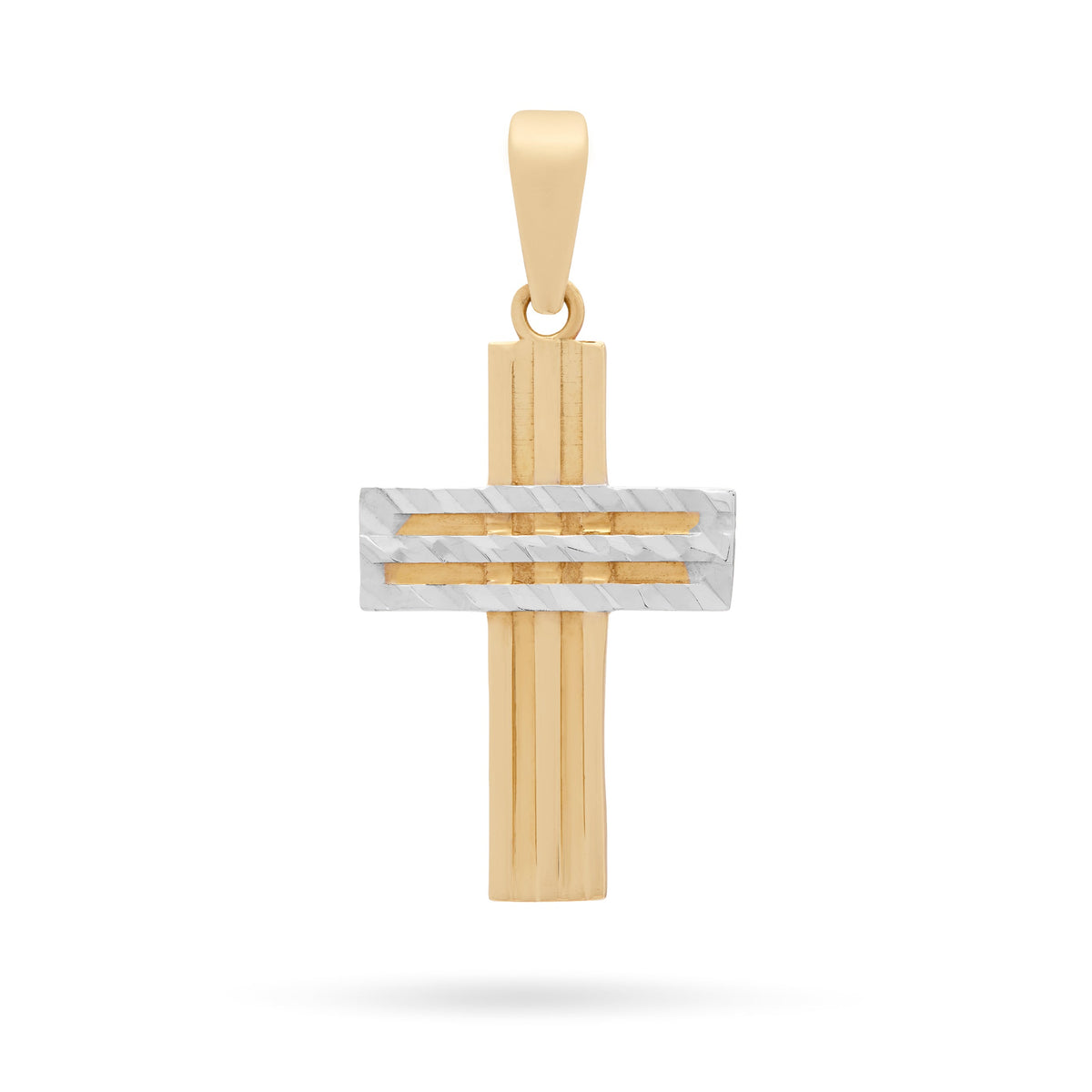 Yellow Gold Cross Pendant With Grooves and White Gold Details