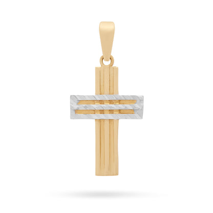 Yellow Gold Cross Pendant With Grooves and White Gold Details