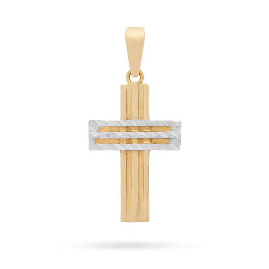 Yellow Gold Cross Pendant With Grooves and White Gold Details