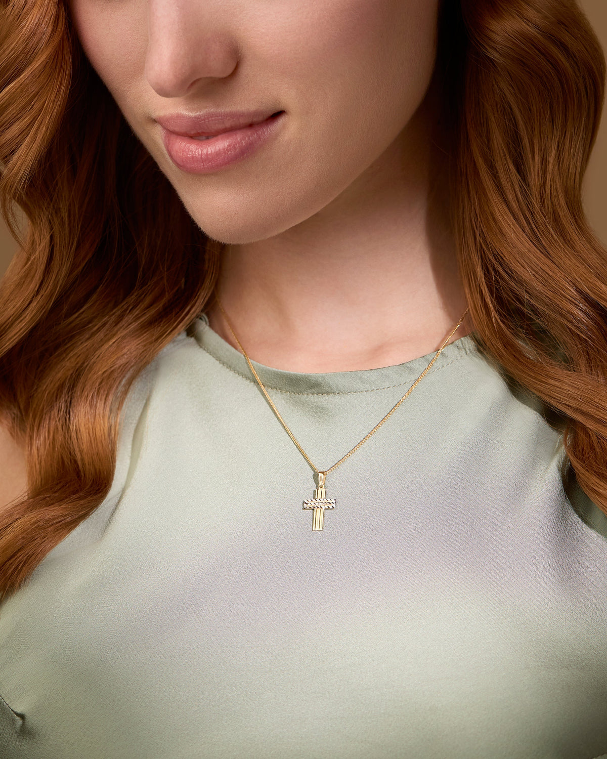 Yellow Gold Cross Pendant With Grooves and White Gold Details