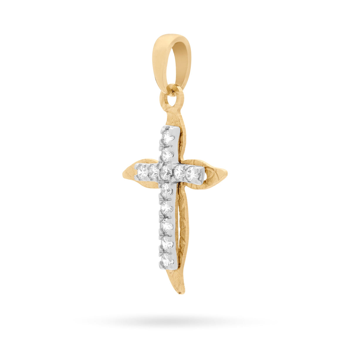 Yellow Gold Wavy Cross Pendant With White Gold Center and Cubic Zirconia