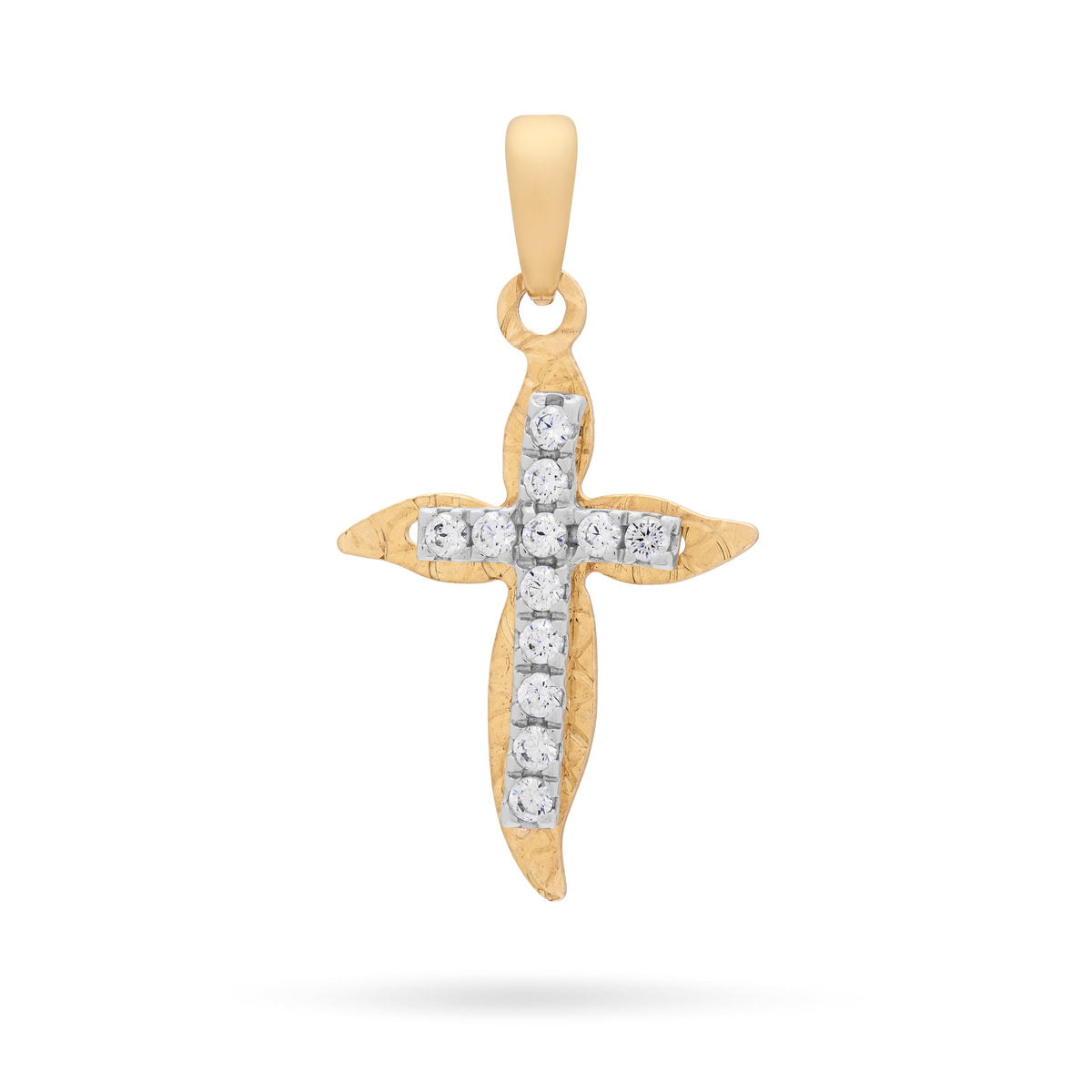 Yellow Gold Wavy Cross Pendant With White Gold Center and Cubic Zirconia