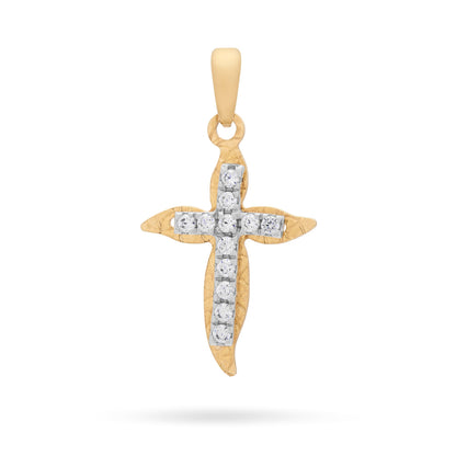 Yellow Gold Wavy Cross Pendant With White Gold Center and Cubic Zirconia