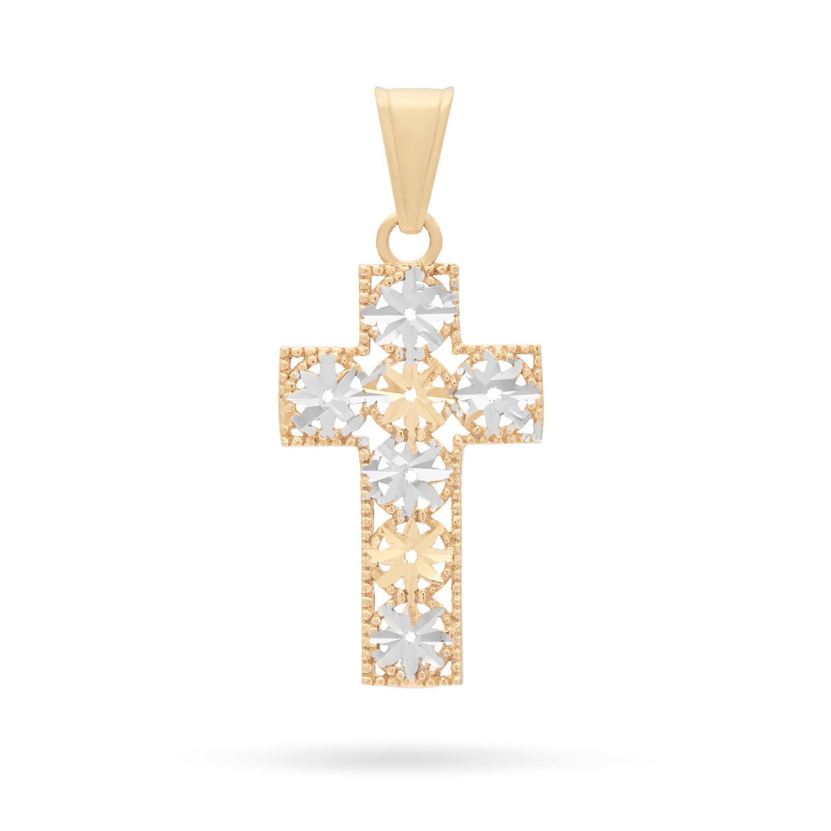 Yellow Gold Cross Pendant With White Gold Floral Details