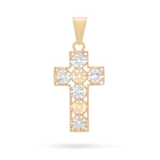 Yellow Gold Cross Pendant With White Gold Floral Details