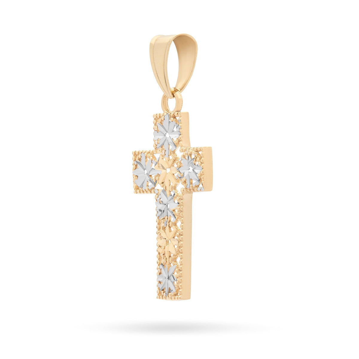 Yellow Gold Cross Pendant With White Gold Floral Details