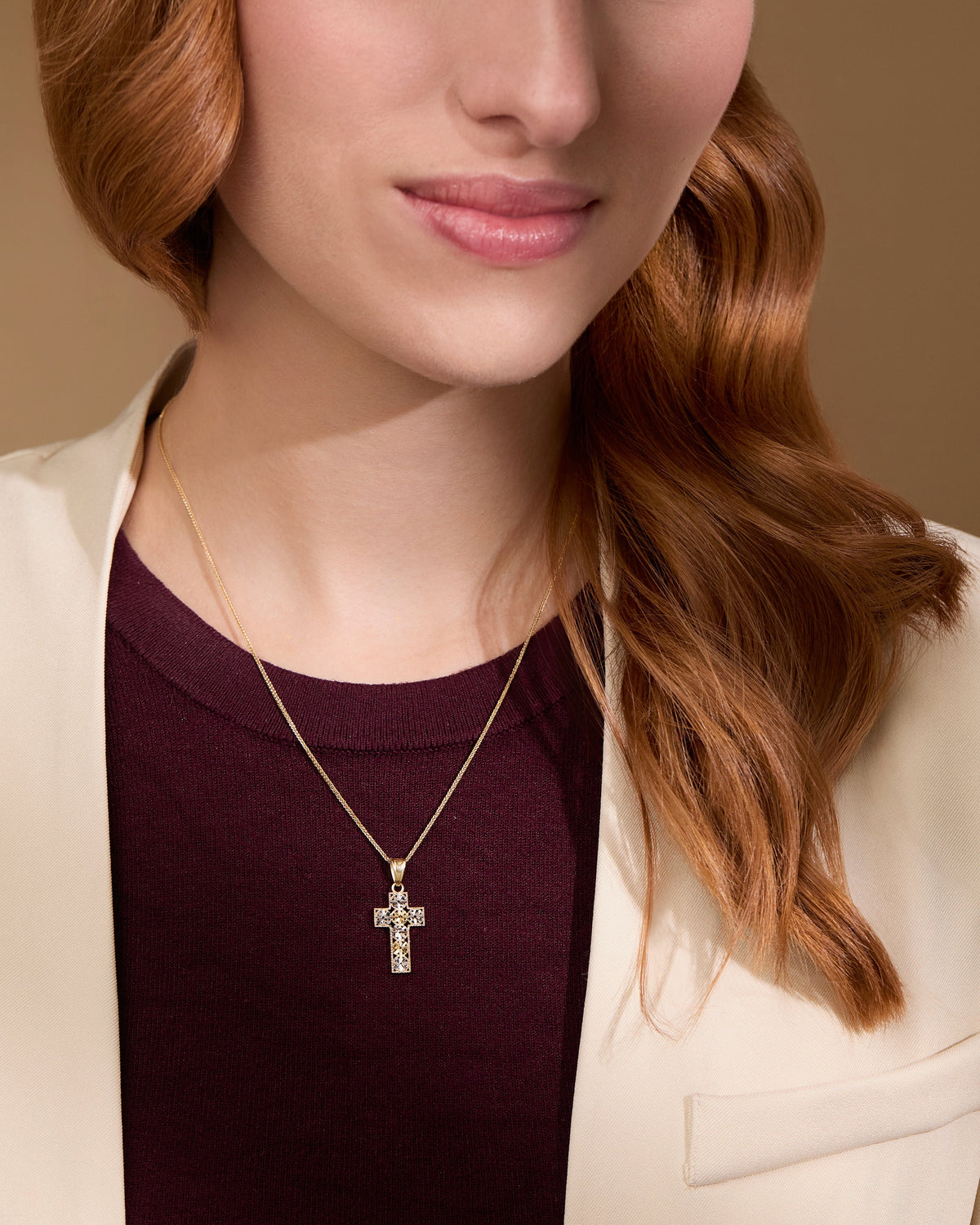 Yellow Gold Cross Pendant With White Gold Floral Details