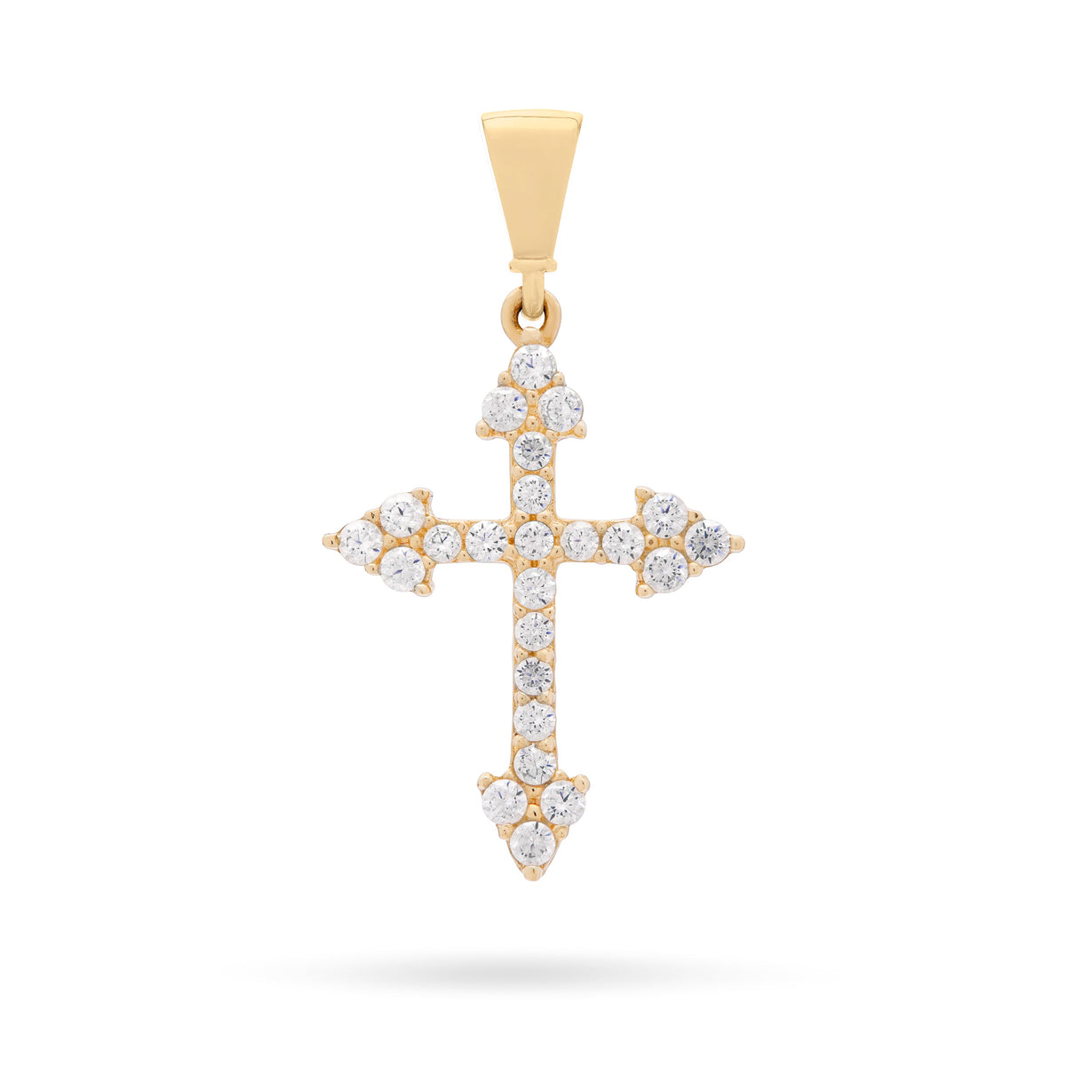 Yellow Gold Cross With Arrows Pendant Covered With Cubic Zirconia