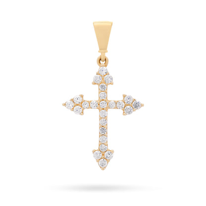 Yellow Gold Cross With Arrows Pendant Covered With Cubic Zirconia