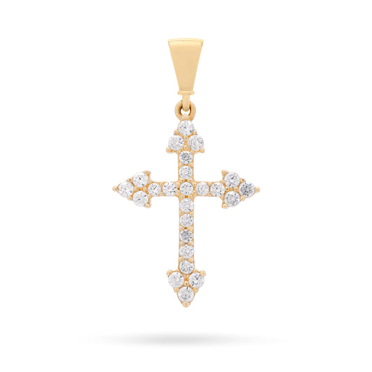 Yellow Gold Cross With Arrows Pendant Covered With Cubic Zirconia