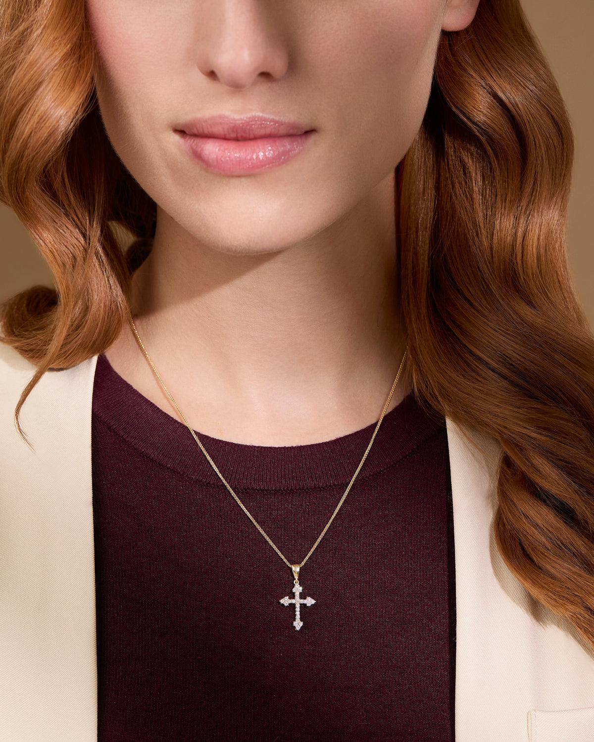 Yellow Gold Cross With Arrows Pendant Covered With Cubic Zirconia