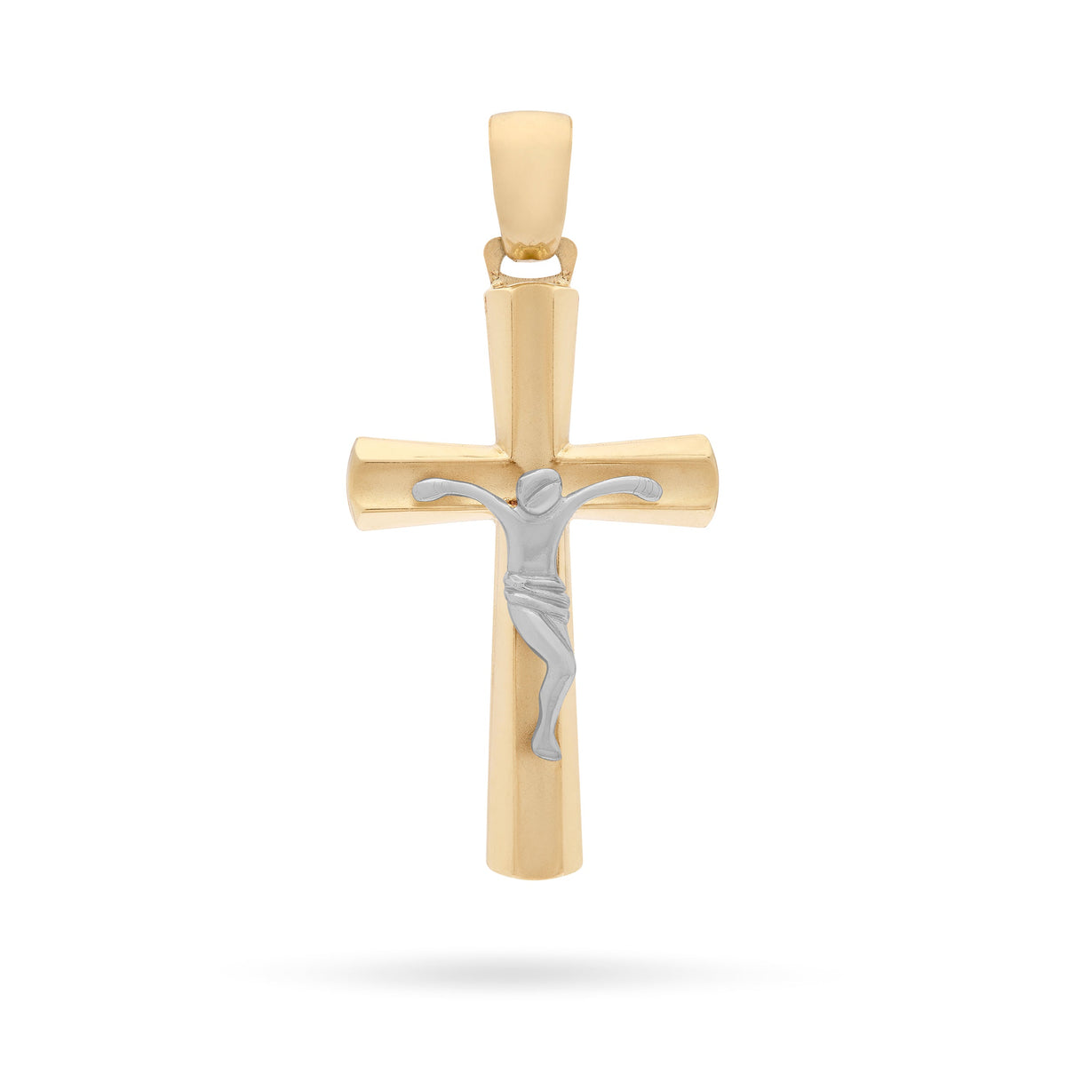 Yellow Gold Crucifix Pendant With Raised Cross and Modern Style White Gold Corpus